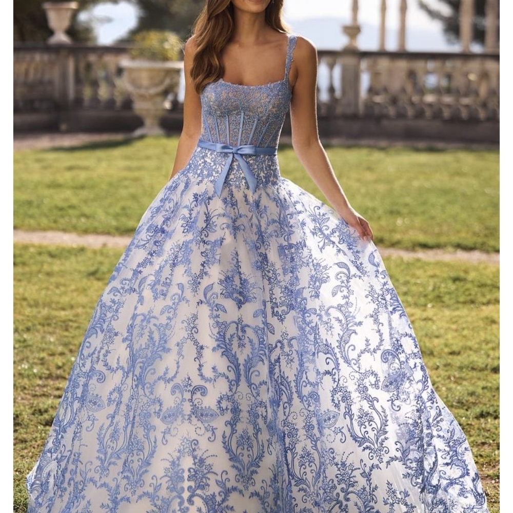Elegant Blue and White Lace Evening Gown